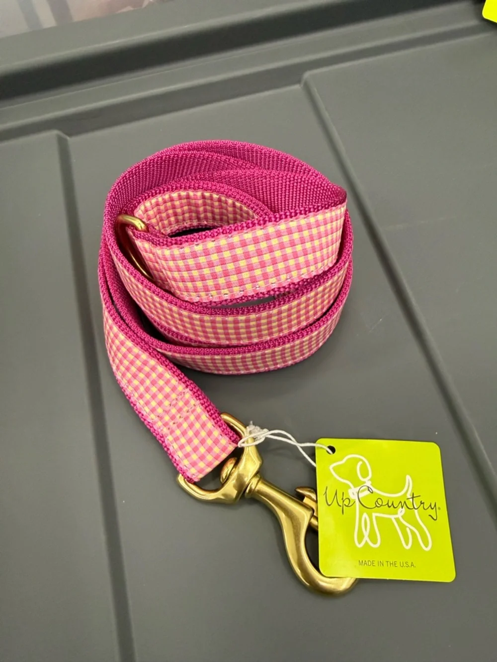 Pink Gingham 5’ Dog Leash with Gold Hardware Wide
